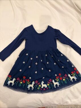 Hanna Andersson Girls Navy Long-Sleeve Unicorn Embroidered Dress